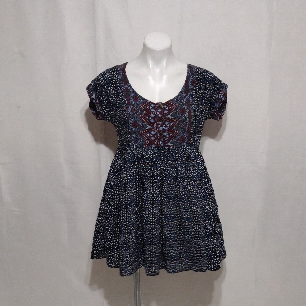 Free People Batik Print Babydoll Mini Dress Open Back Boho Festival Pockets XS